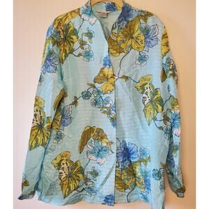 Nexx Womens L Blue Green Silk Linen Button Mao Shirt Long Sleeve Waterlily Soft